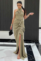 Halter Sleeveless Long Mermaid Prom Dress With Split Pleated