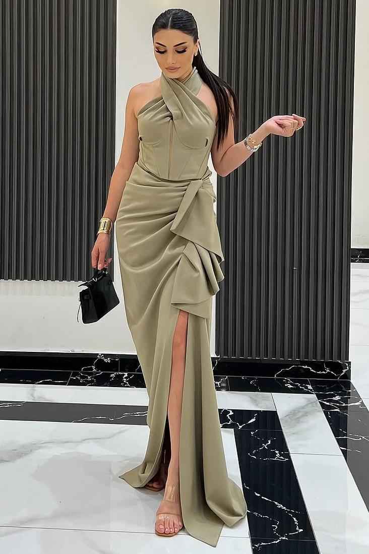 Halter Sleeveless Long Mermaid Prom Dress With Split Pleated