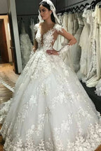 Bateau Long Sleeve Backless Floor-Length Princess Wedding Dress with Lace Appliques and Ruffles BM bride