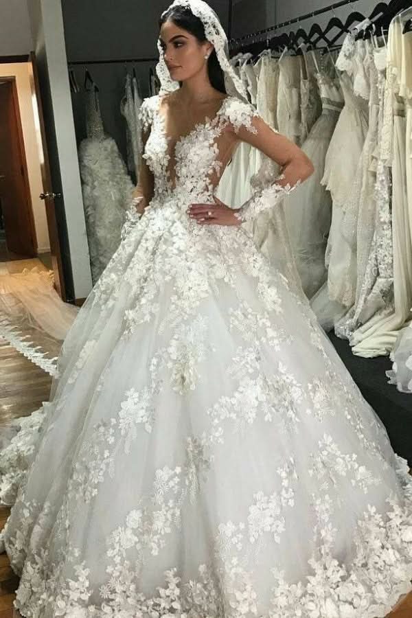 Bateau Long Sleeve Backless Floor-Length Princess Wedding Dress with Lace Appliques and Ruffles BM bride