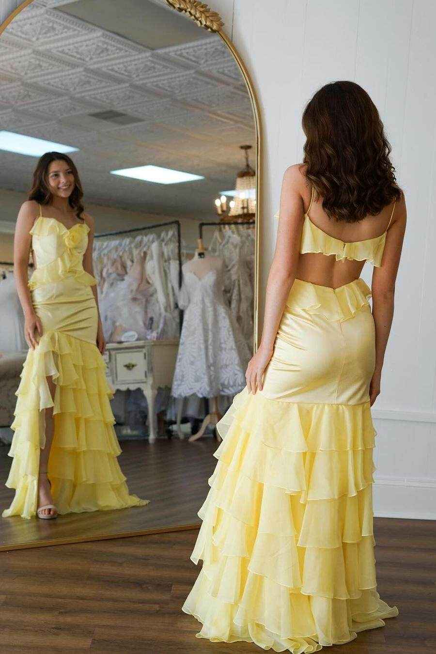 Spaghetti Strap Sleeveless Backless Long Prom Dress With Ruffles