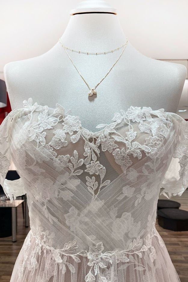 Sleeveless Off-the-Shoulder A-Line Wedding Dress with Ruffles and Tulle Lace Appliques BM bride