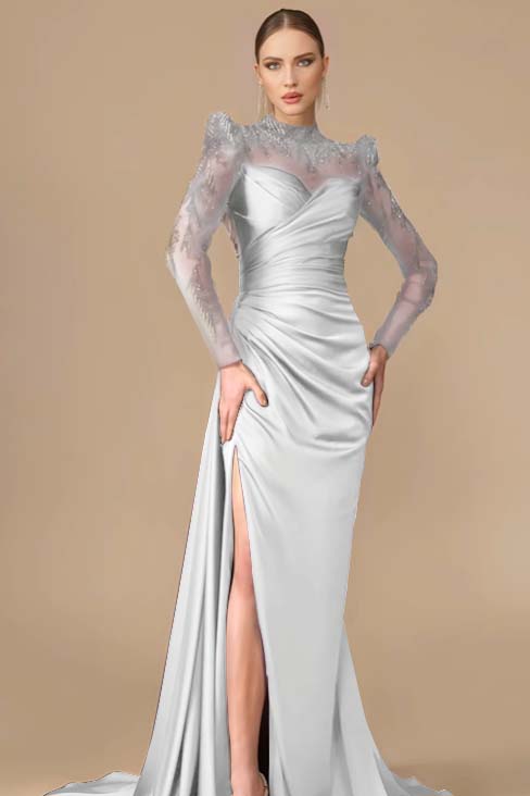 Long Sleeves Long Mermaid Prom Dress With Split Pleated Appliques BMBRIDE