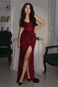 Sequin Strapless Sleeveless Long High Split Prom Dress With Pleated