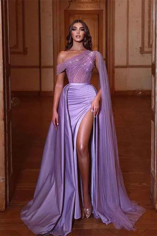 Gorgeous Lilac One Shoulder Pleated Long Split Prom Dress with Beadings