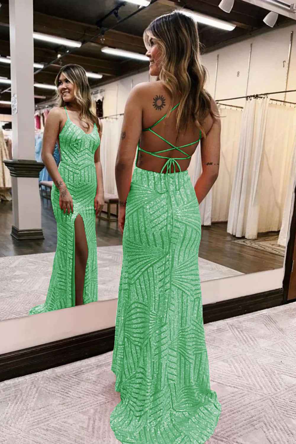 Sheath Spaghetti Straps Orange Sequins Long Prom Dress with Criss Cross Back