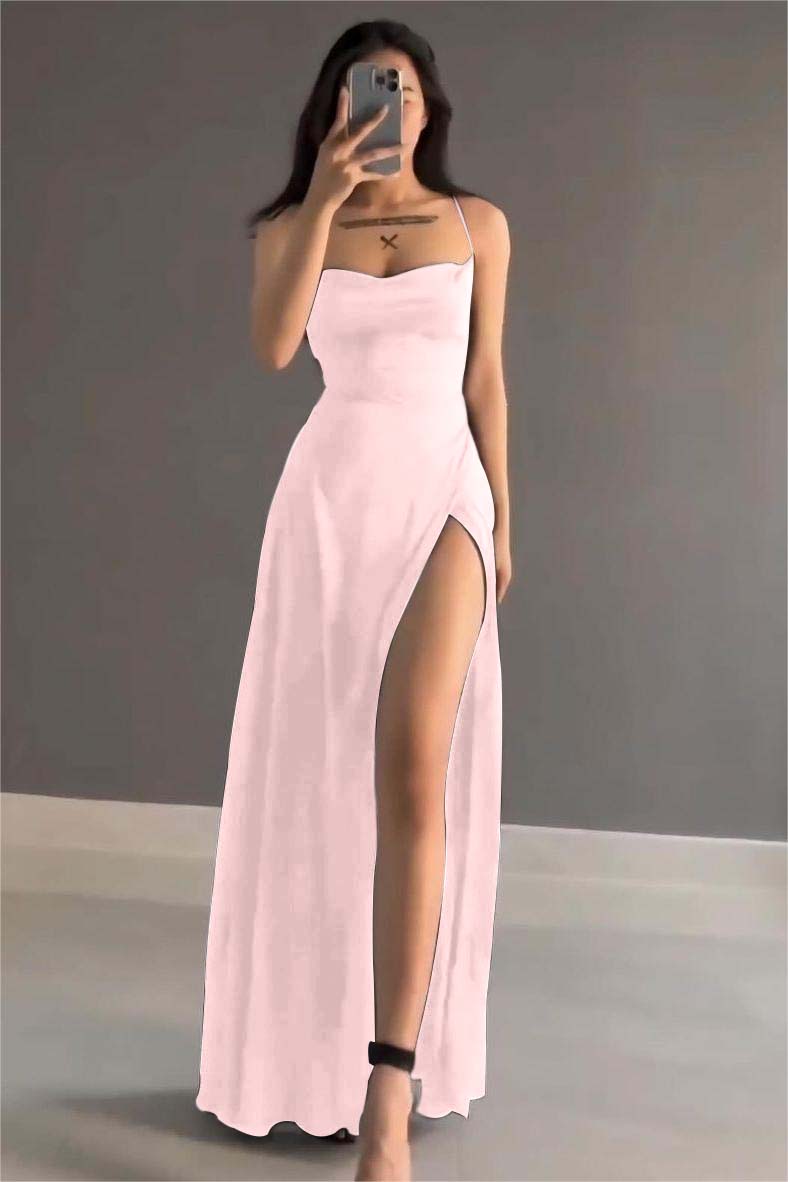 Simple Black Stain Spaghetti Strap Sleeveless Long Prom Dress With Split BMBRIDE