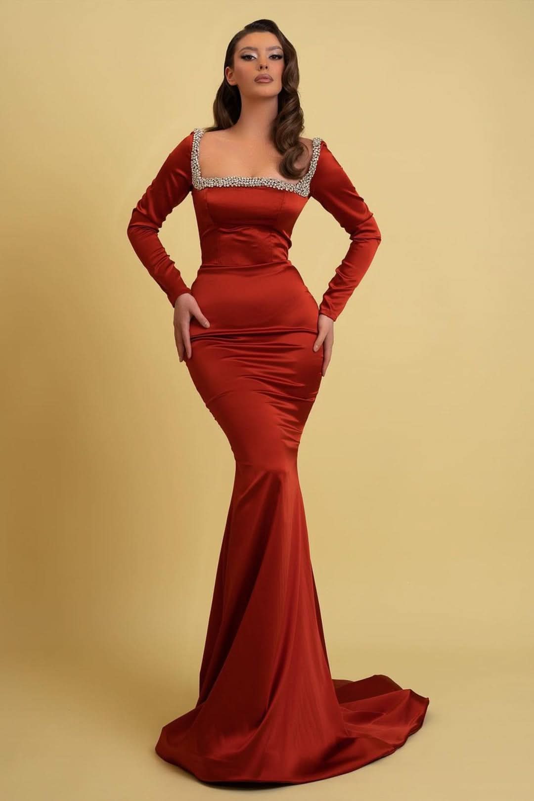 Burgundy Charmeuse Prom Dress Long Sleeves Mermaid with Beadings BM bride
