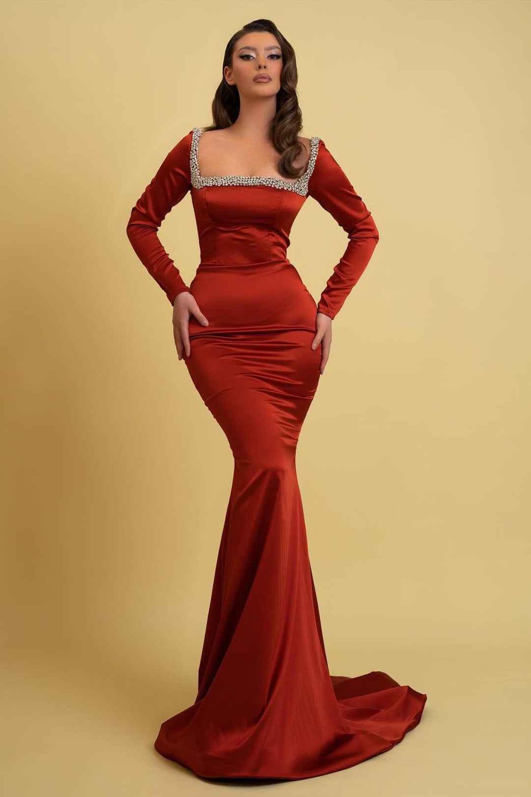 Square Neck Prom Dress Burgundy Long Sleeves Mermaid With Beading