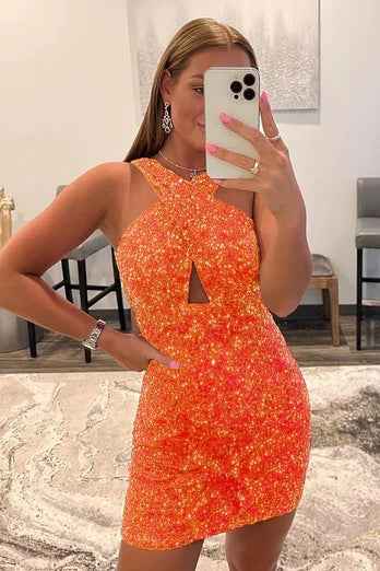 Glitter Orange Halter Backless Sequins Tight Homecoming Dress Bmbride