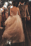 Long Sleeveless Tulle Lace Spaghetti Strap A-Line Wedding Dress with V-Neck BM bride