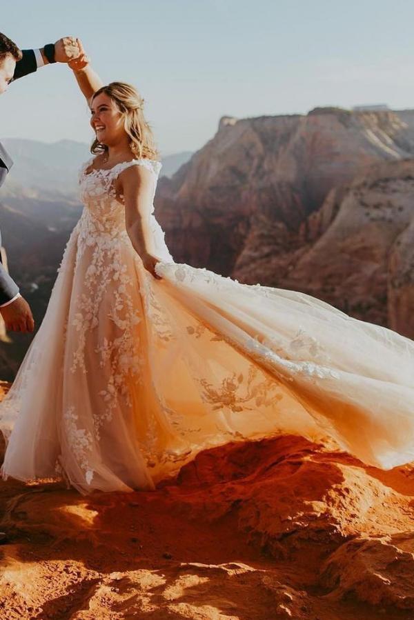 Long A-Line V-Neck Tulle Train Wedding Dress with Lace Appliques BM bride