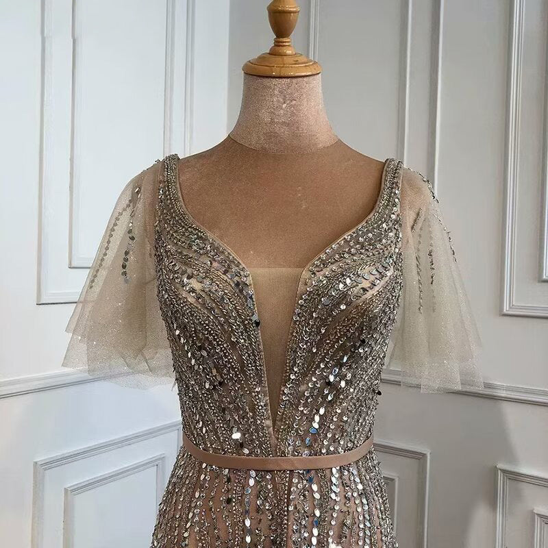 Elegant Taupe Prom Dress, Short Sleeves V-Neck A-Line BM bride