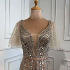 Elegant Taupe Prom Dress, Short Sleeves V-Neck A-Line BM bride
