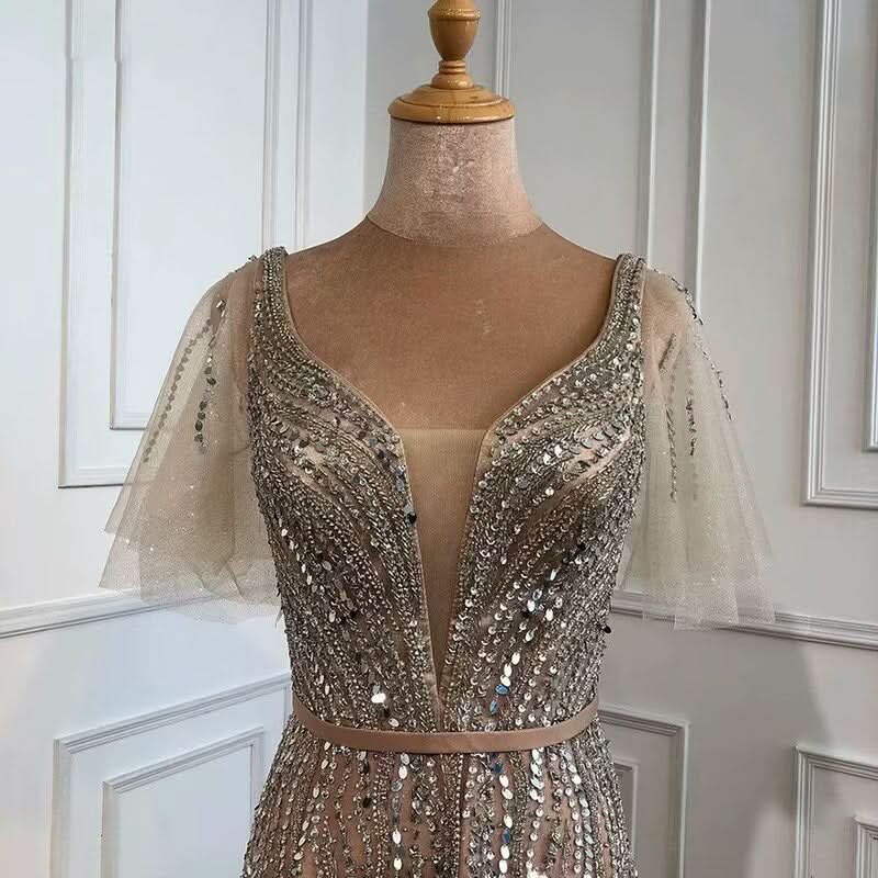 Elegant Taupe Prom Dress, Short Sleeves V-Neck A-Line BM bride