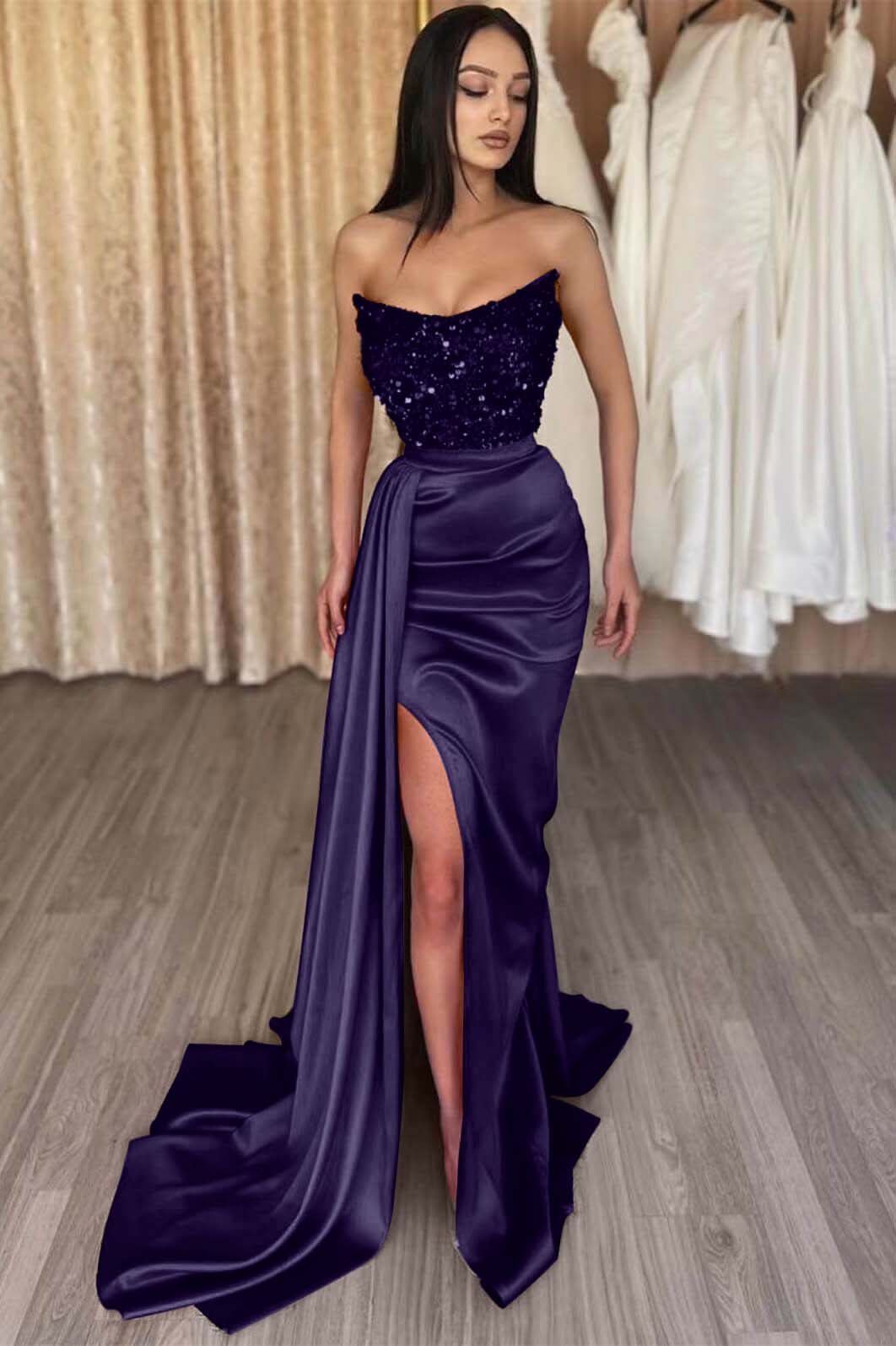 Red Strapless Elegant Sleeveless Long Sequins Prom Dress Mermaid Side Split BMBRIDE