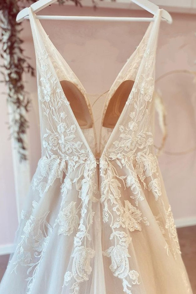 Deep V-Neck A-Line Floor-Length Tulle Wedding Dress with Floral Lace BM bride