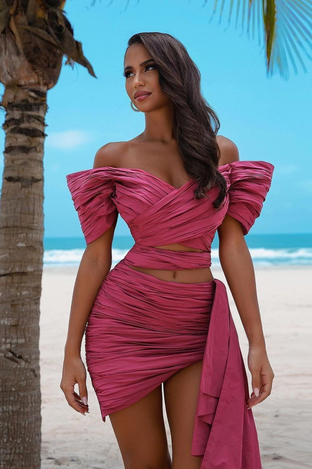 Rose Prom Dress Off-the-Shoulder Pleated Short with Trail BM bride