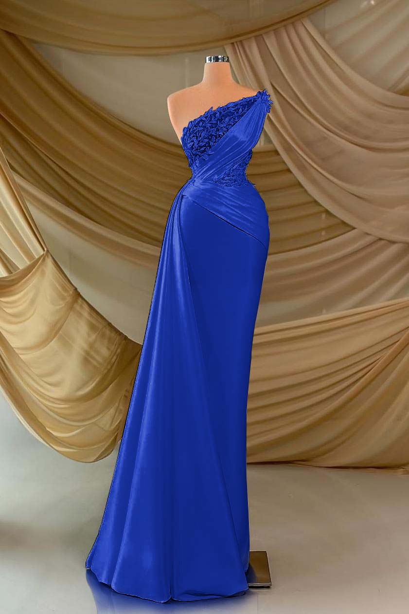 One Shoulder Sleeveless Long Prom Dress With Appliques Ruffles