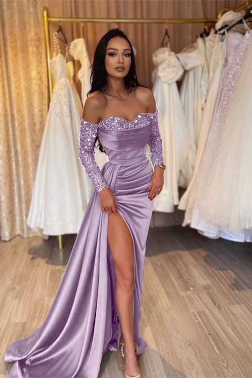 Off the Shoulder Long Sleeves Long Mermaid Prom Dress With Pleated BMBRIDE