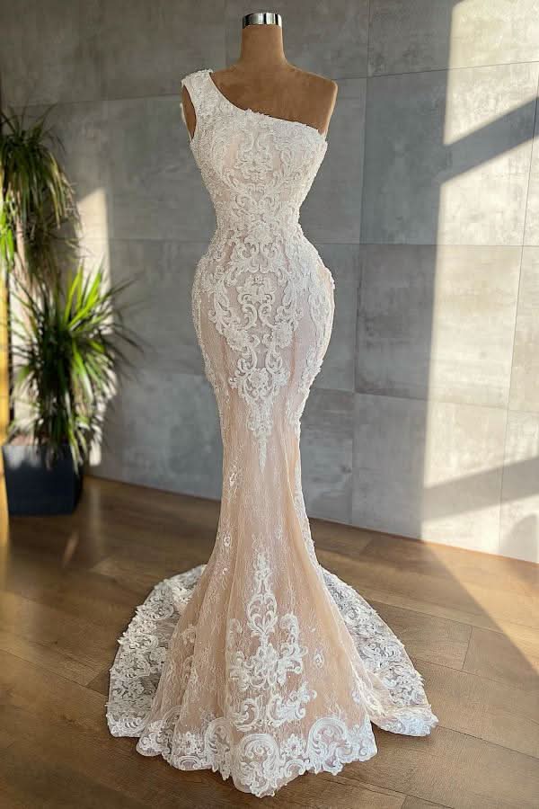 Elegant One Shoulder Floor-Length Mermaid Wedding Dress with Lace Appliques BM bride