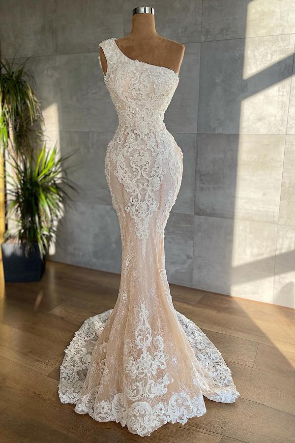 Elegant One Shoulder Floor-Length Mermaid Wedding Dress with Lace Appliques BM bride