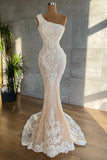 Elegant One Shoulder Floor-Length Mermaid Wedding Dress with Lace Appliques BM bride