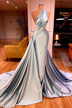 Elegant One Shoulder Mermaid Prom Dress Long Pleated with Beads BM bride