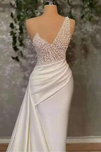 Ivory Elegant One-Shoulder Appliqued Mermaid Prom Dress with Ruffles BM bride