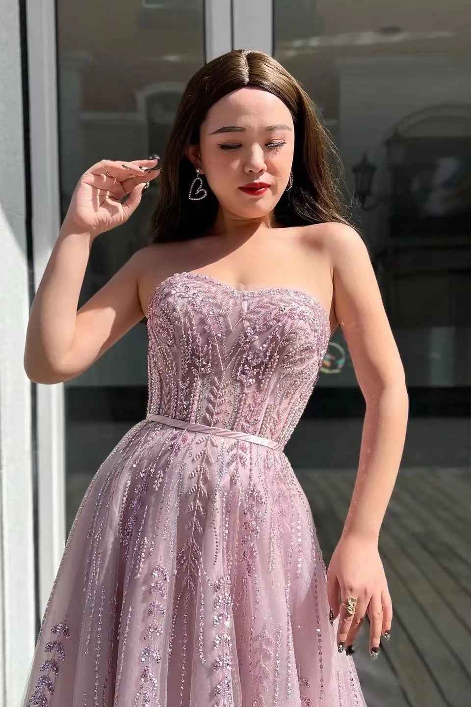 Pink Strapless Sweetheart A Line Beading Long Prom Dress With Sequins
