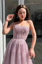Pink Strapless Sweetheart A Line Beading Long Prom Dress With Sequins