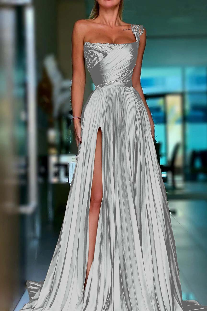 One Shoulder Sleeveless Long Prom Dress With High Split Sequins BMBRIDE