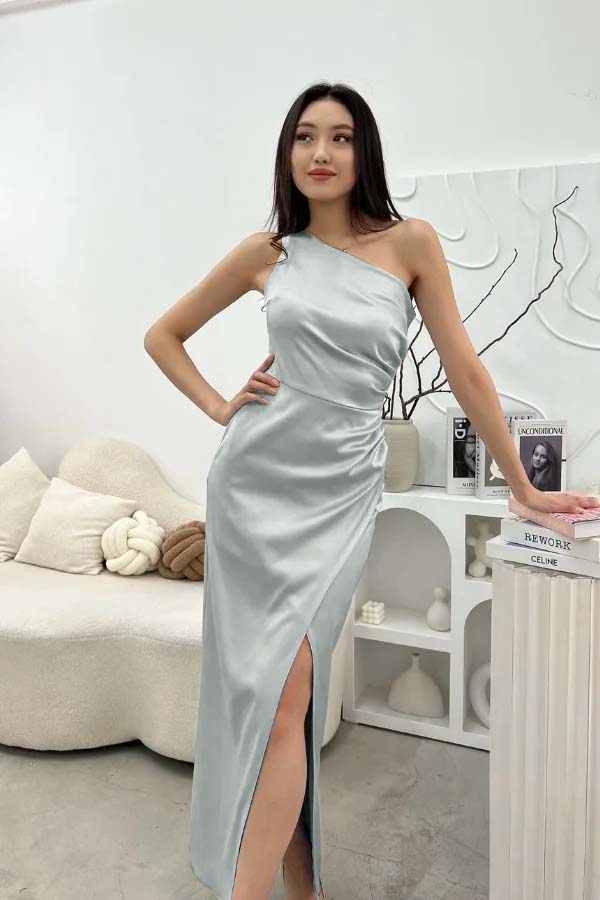 Chic Sleeveless One Shoulder Long Prom Dress With Pleated Split BMBRIDE