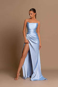 Simple Baby Blue Mermaid Strapless Pleated Prom Dress With Split Unique Style