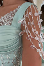Amazing Mint Green Cap Sleeves Prom Dress Long with Buttons and Beads BM bride