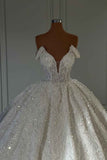 Off-the-Shoulder Sleeveless White Wedding Dress with Appliques and Beading BM bride