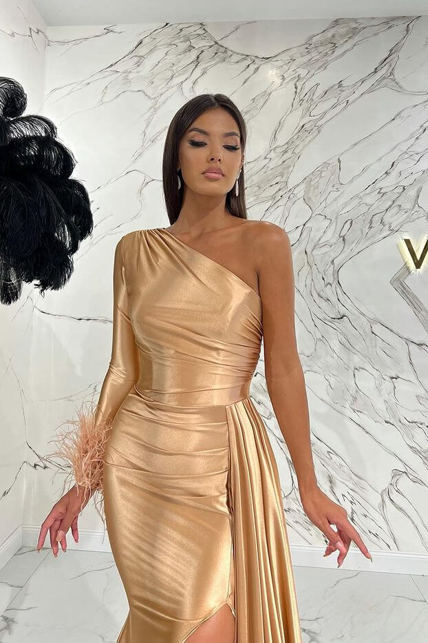 Elegant One Shoulder Long Sleeve Mermaid Prom Dress with Slit and Feathers BM bride