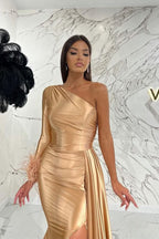 Elegant One-Shoulder Long Sleeve Mermaid Prom Dress with Feathers and Slit BM bride