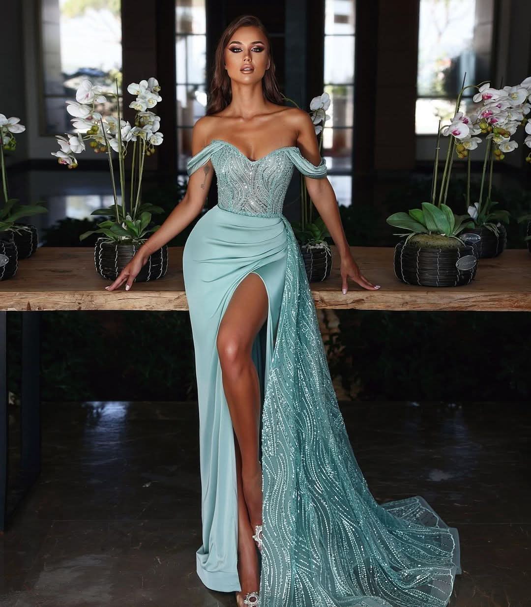 Light Blue Off-The-Shoulder Mermaid Evening Dress Long with Sequins and Split Ruffles BM bride