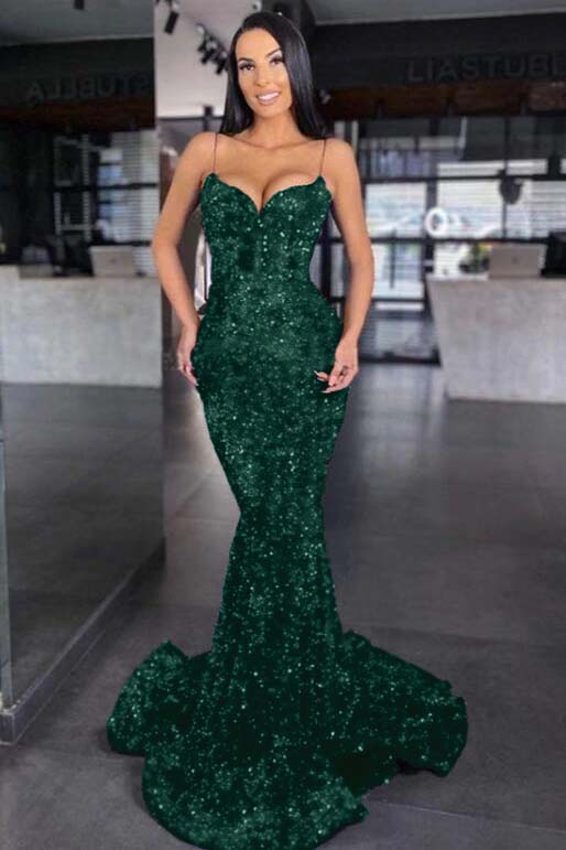 Sweetheart Royal Blue Spaghetti Strap Mermaid Long Prom Dress With Sequins BMBRIDE