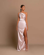 Light Pink One Shoulder Sleeveless Prom Dress With Split For Party