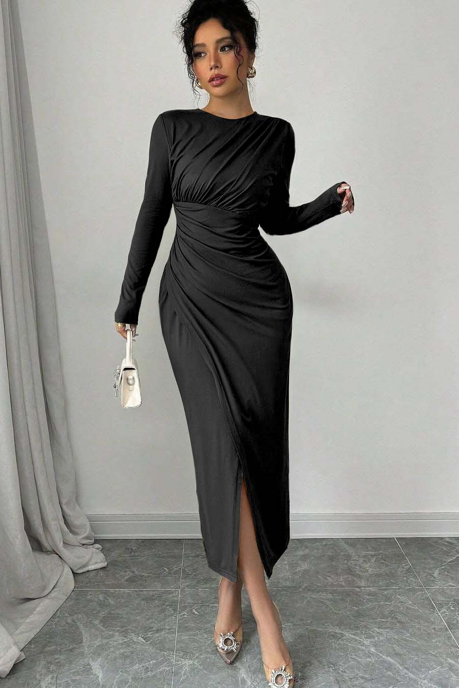 Long Sleeves Jewel Neck Tea Length Prom Dress With Split Pleated BMBRIDE