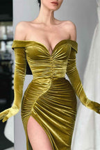 Mermaid Off the Shoulder Long Sleeves Pleated Prom Dress With High Split