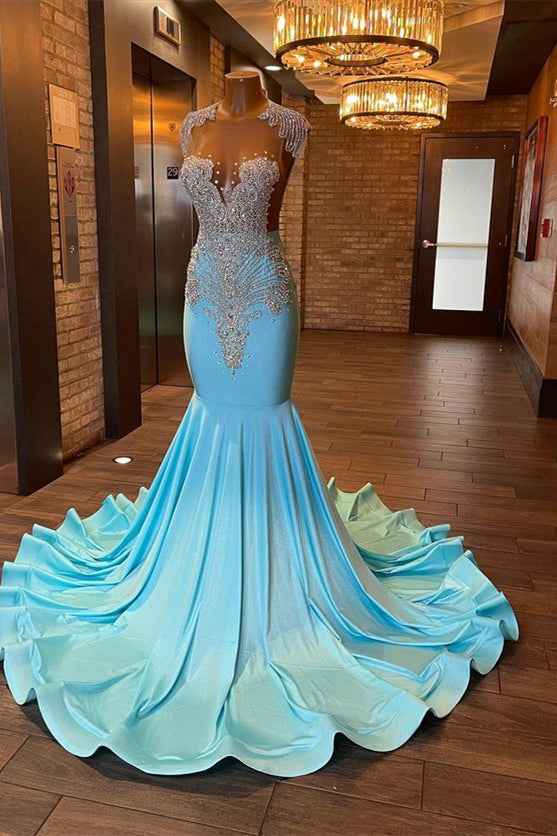 Sleeveless Blue Popular Long Mermaid Prom Dress Appliques With Beadings