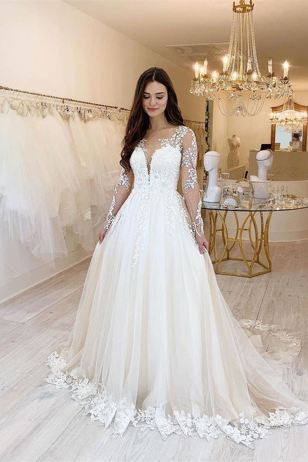 Sweetheart Long Sleeve Tulle Wedding Dress with Lace BM bride