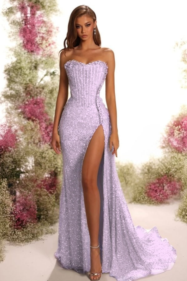 Strapless Sleeveless Long Split Prom Dress With Pleated Sequins BMBRIDE