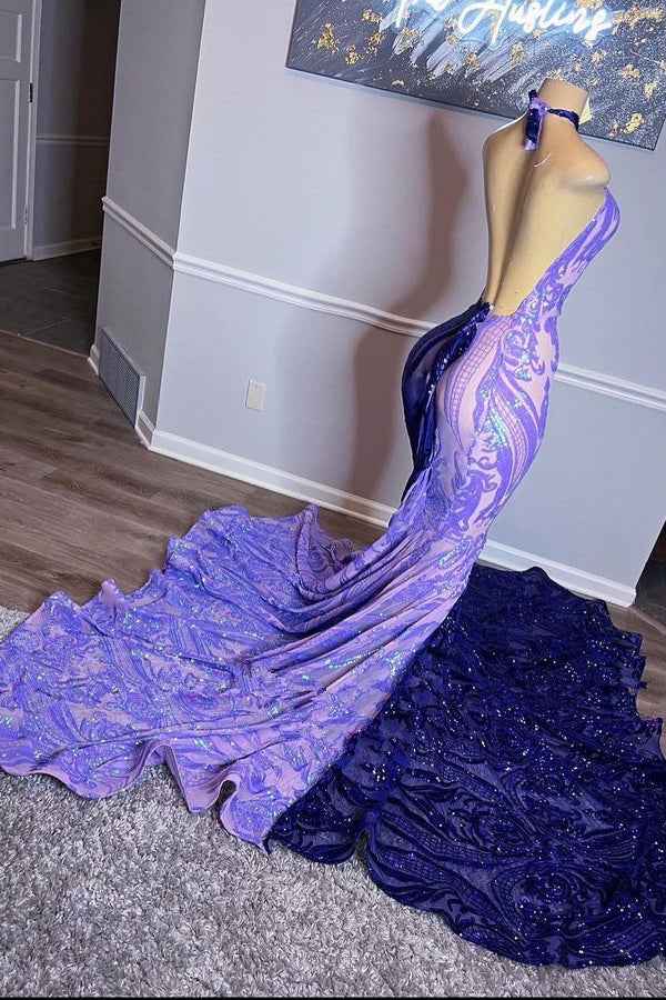 Purple Halter Beaded Sequins Mermaid Prom Dress With Appliques