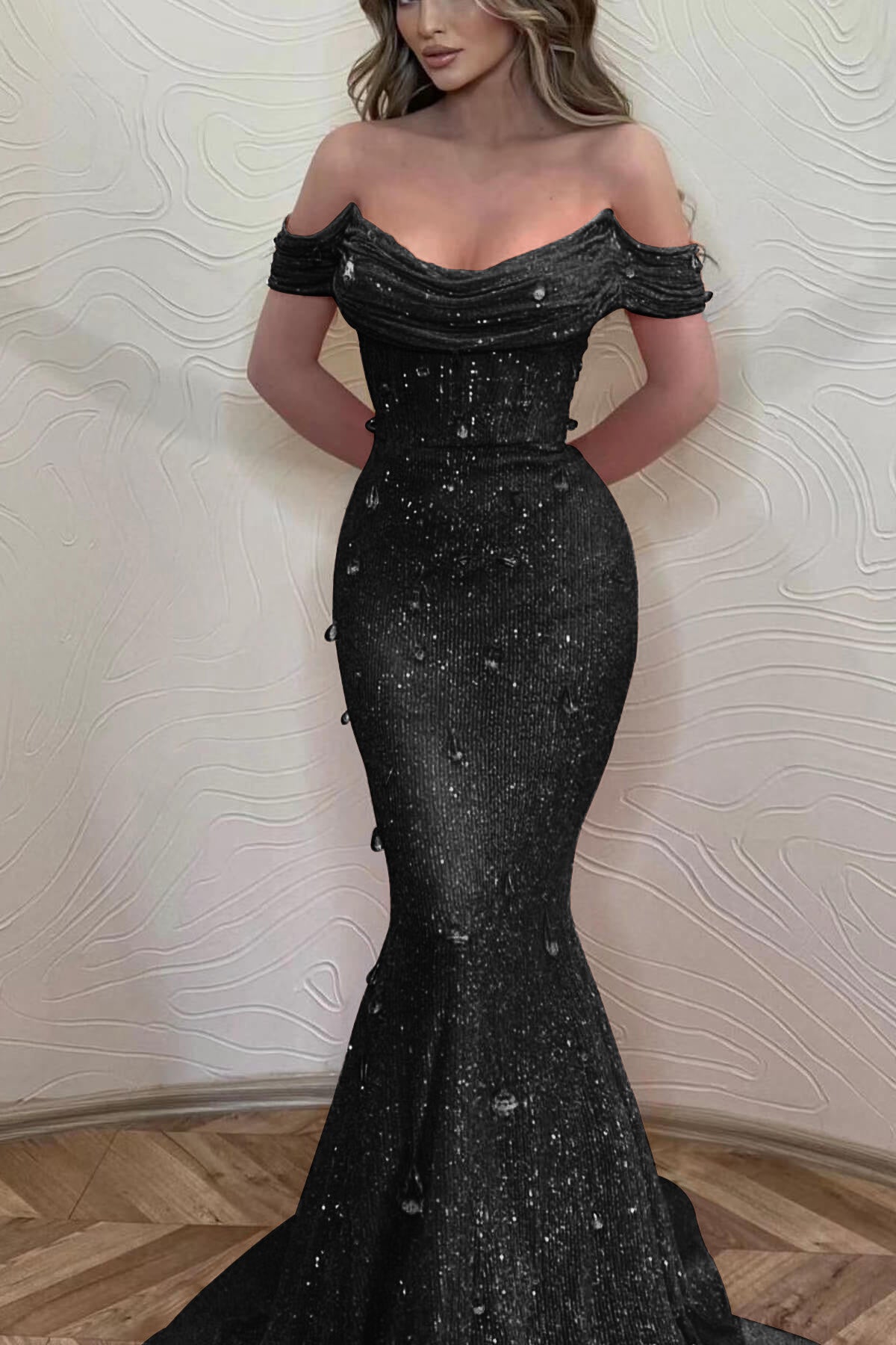 Orange Off the Shoulder Strapless Sleeveless Prom Dress With Sequins Mermaid BMBRIDE