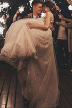 Long Sleeveless Tulle Lace Spaghetti Strap A-Line Wedding Dress with V-Neck BM bride