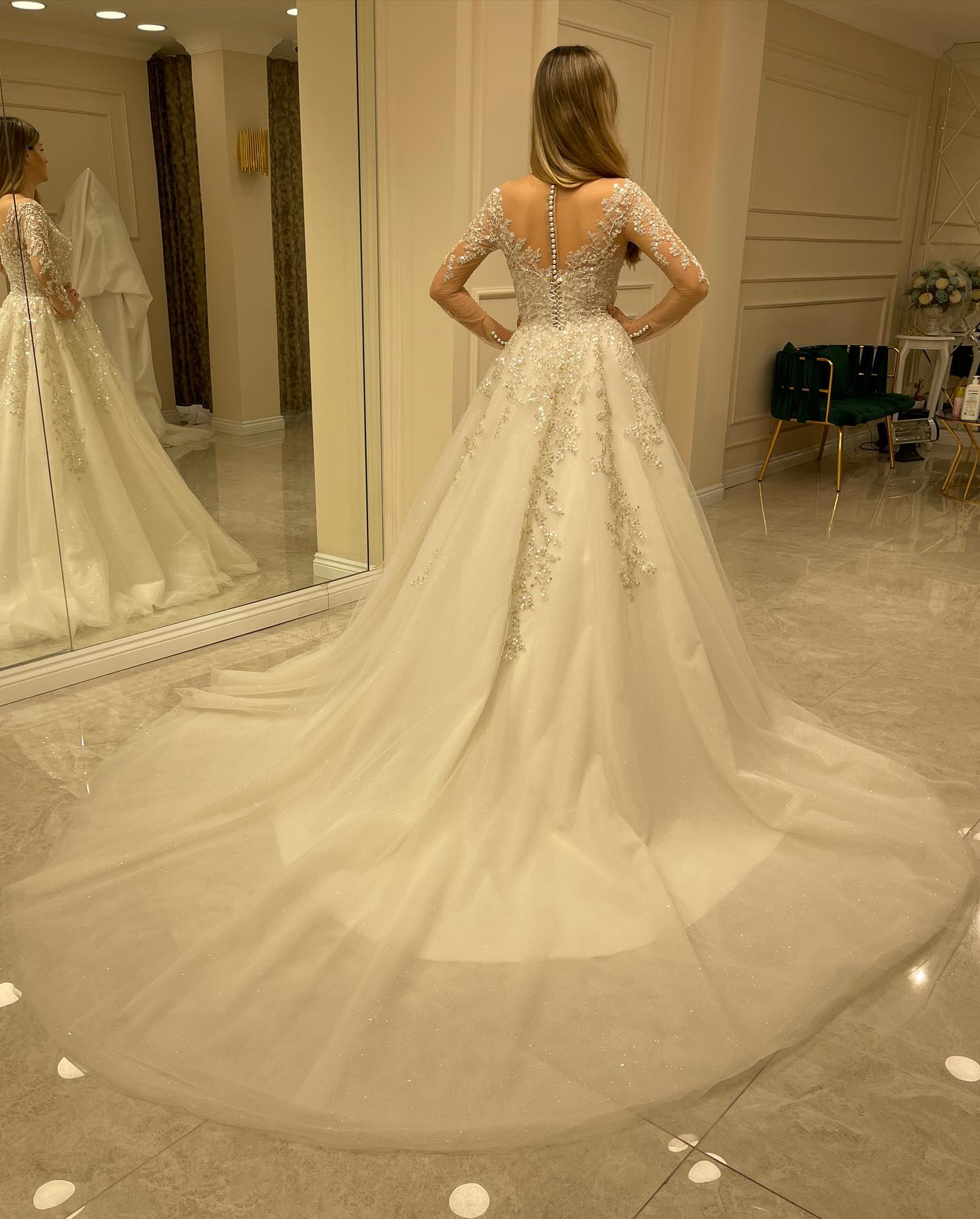 Elegant Long A-Line Wedding Dress with Lace Appliques and Sleeves BM bride